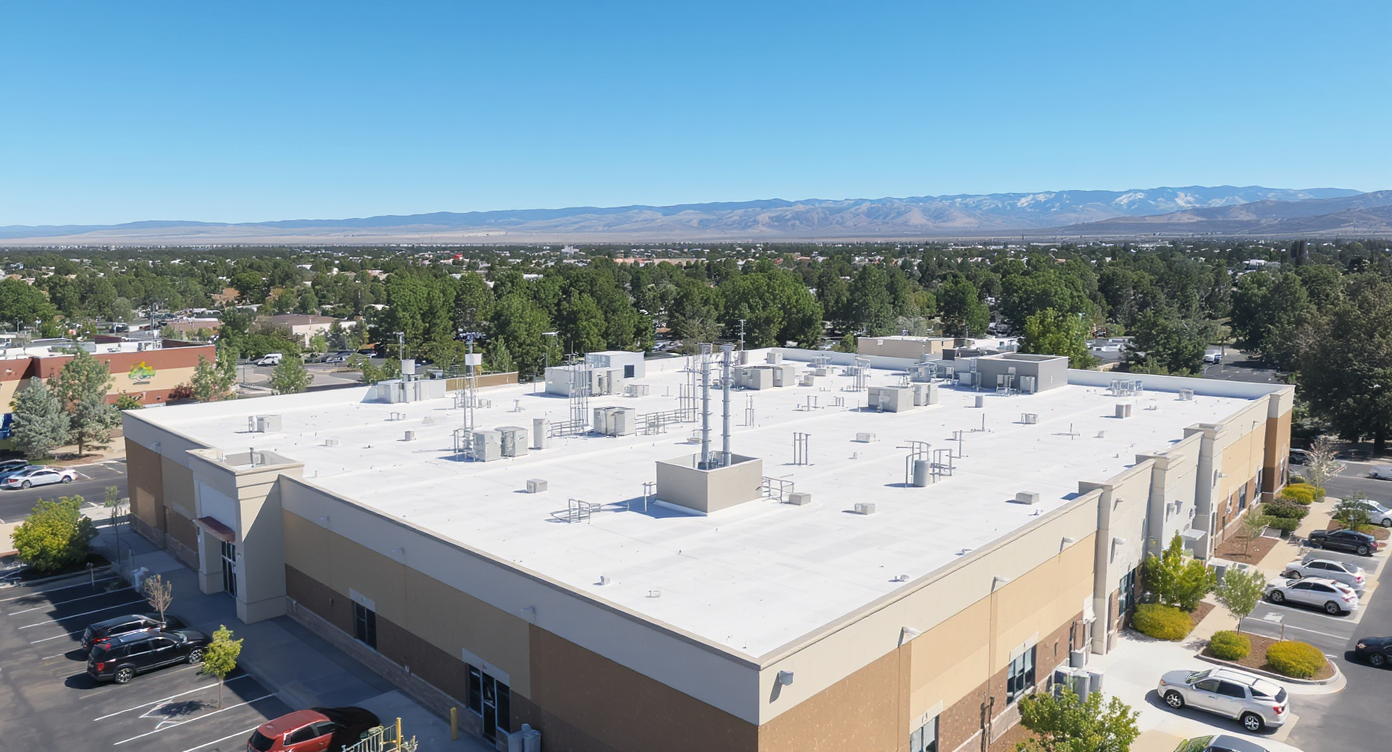 Low-slope commercial building in a Colorado Springs business district with a membrane roof and the Front Range foothills behind