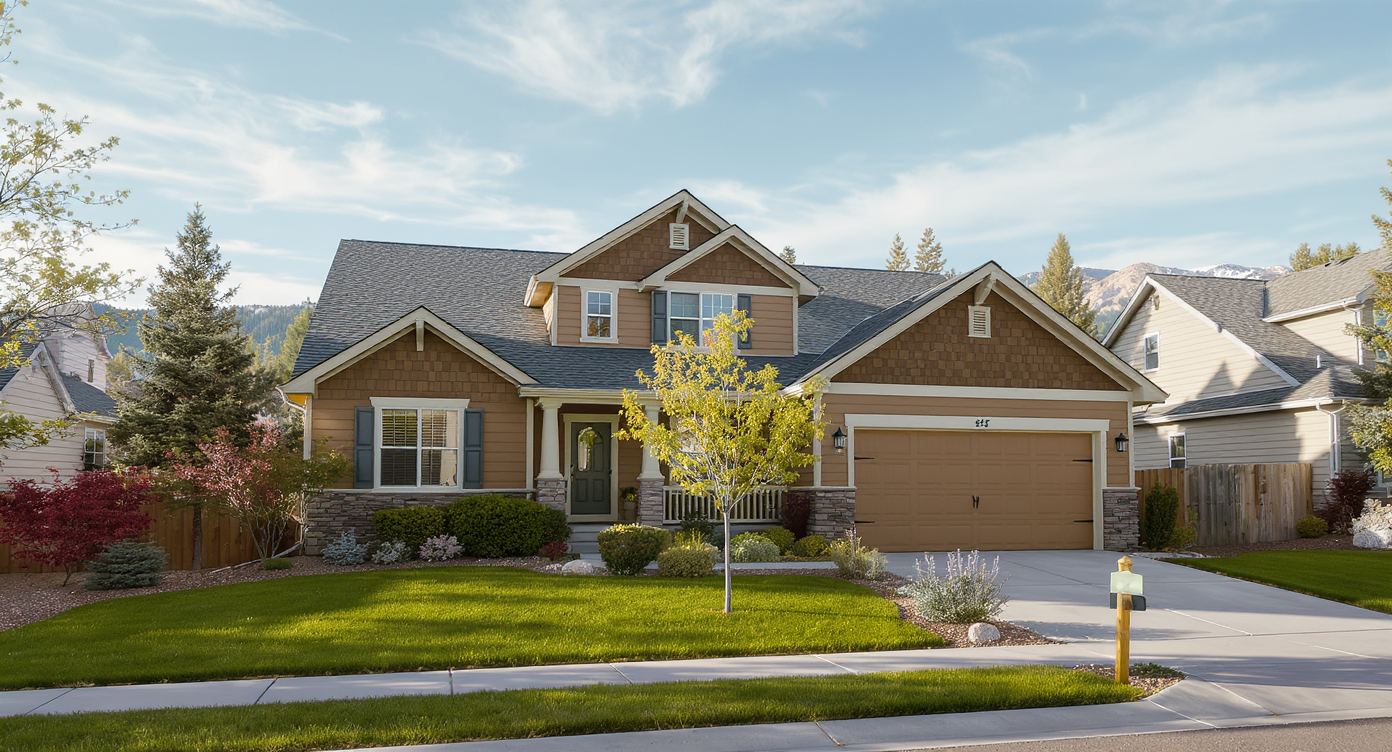 Architectural shingle roof on a home in Security-Widefield, Colorado, after a hailstorm, with the Front Range in the background