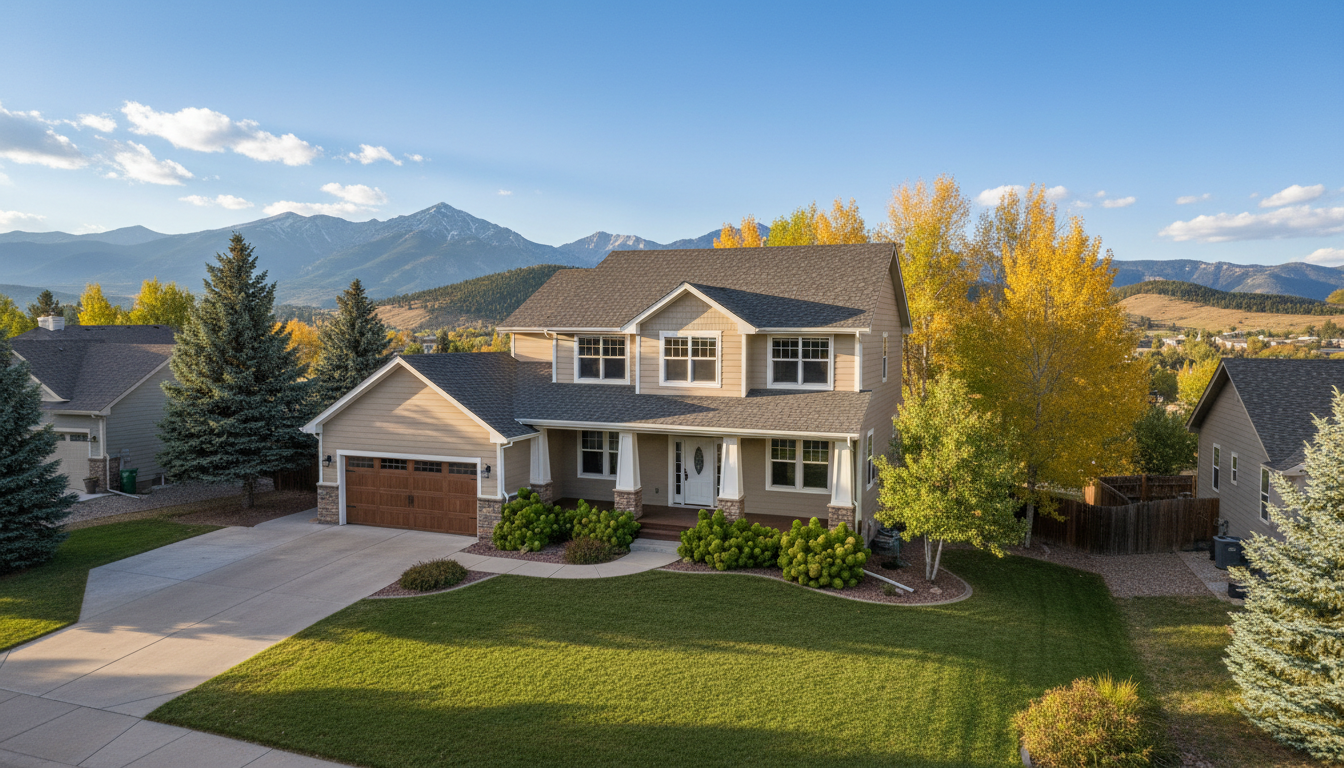Well-maintained home with an architectural shingle roof in a Colorado Springs neighborhood with Front Range foothills in the background