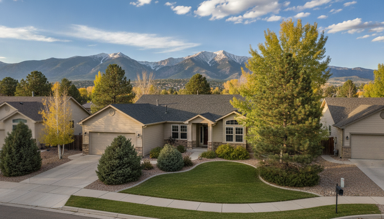 Suburban Colorado Springs home with an architectural shingle roof and Front Range mountains in the background