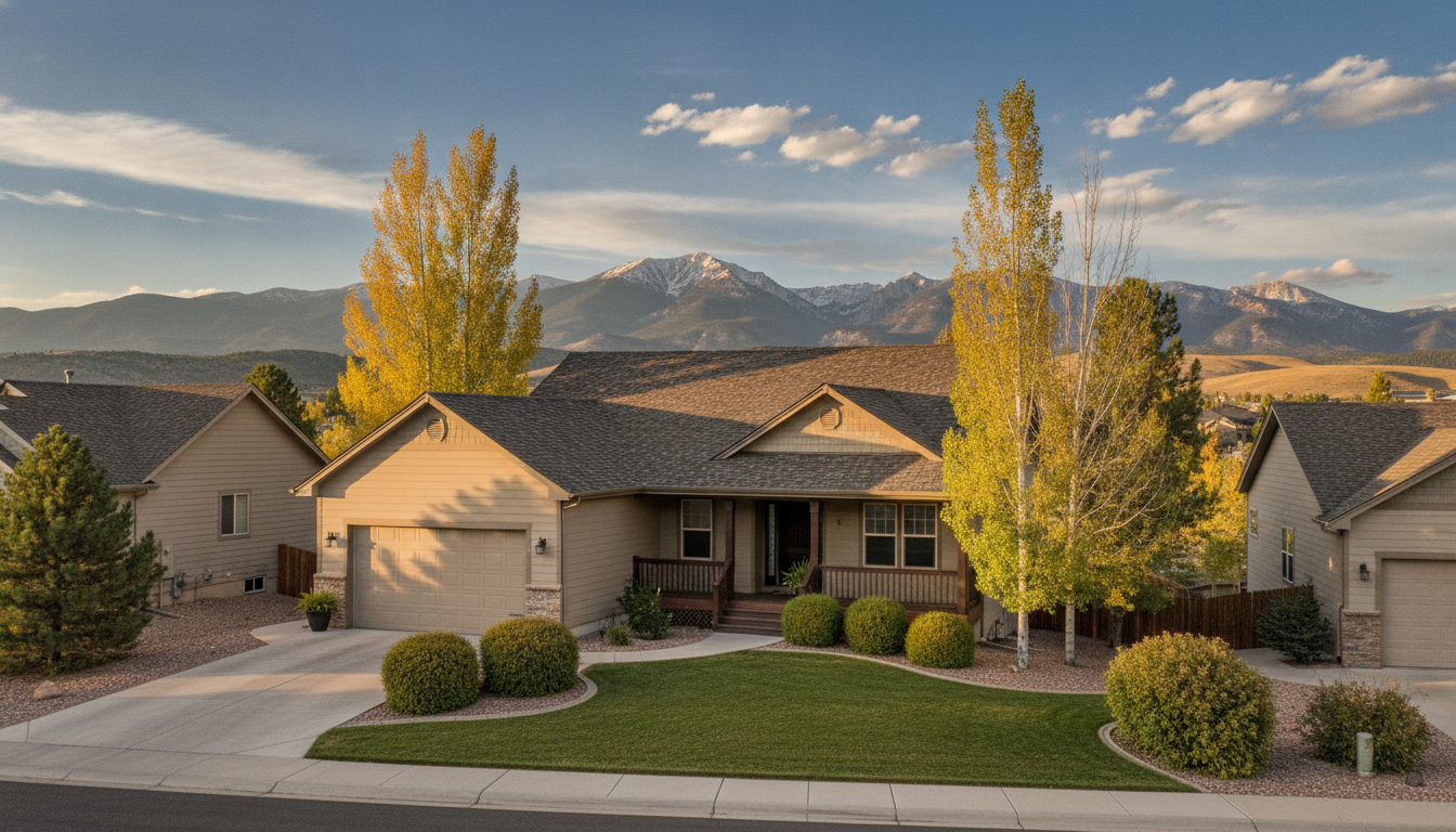 Colorado Springs home with a shingle roof and mountain foothills in the background