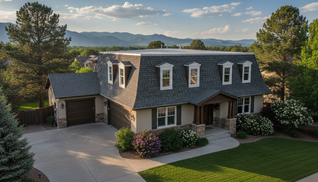 Two-story home with a mansard roof showing the steep, dormer-punctuated lower slope and shallow upper slope, Colorado foothills in the background