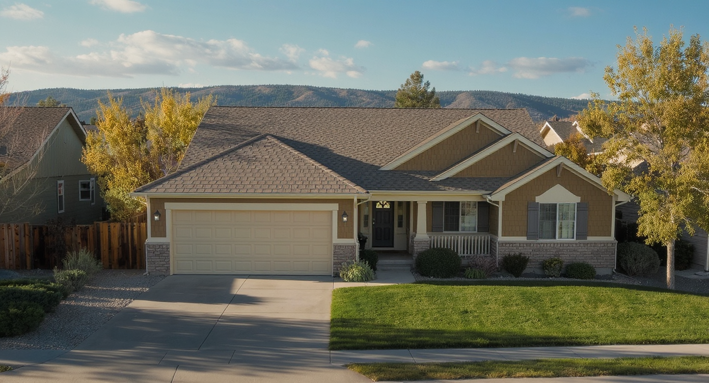 Roofer inspecting an architectural shingle roof on a home in Falcon, Colorado, with the Front Range visible behind