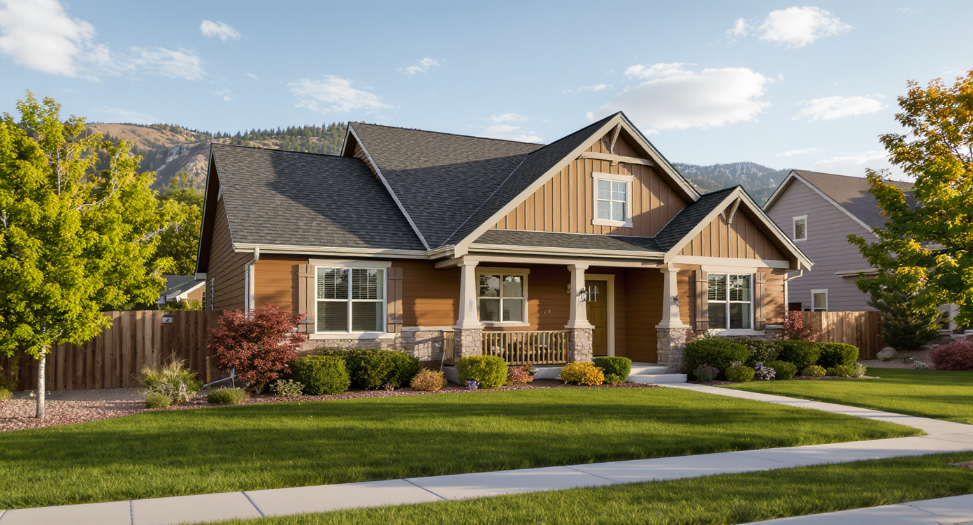 Roofer inspecting an architectural shingle roof on a home in Peyton, Colorado, with the high plains visible behind