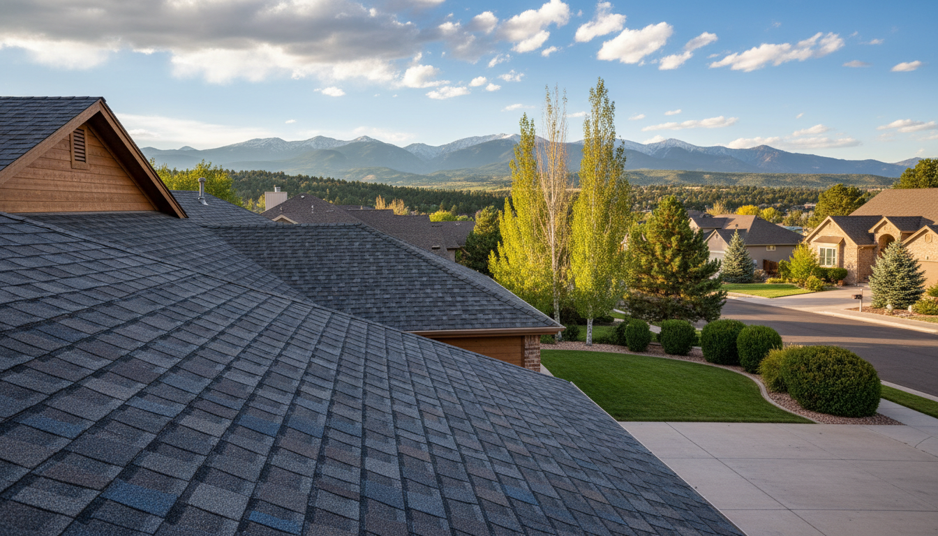 Architectural asphalt shingle roof on a suburban home in Falcon, Colorado, with the Front Range foothills in the background