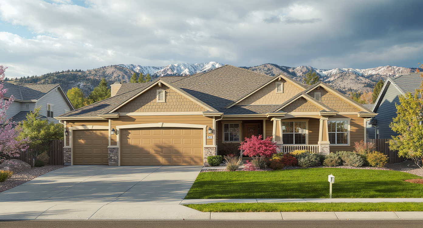 Architectural shingle roof on an older home in the Old Town area near Aga Park in Fountain, Colorado, with Front Range foothills behind