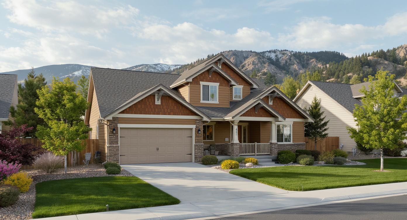 Architectural asphalt shingle roof on a suburban home in Peyton, Colorado, with the Front Range foothills in the background