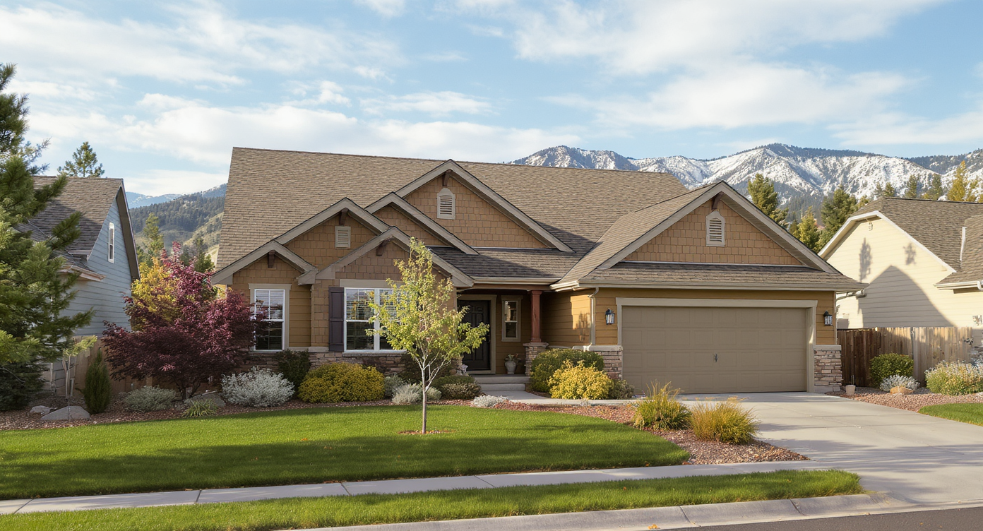 Architectural shingle roof on a home on the open prairie edge near Big Johnson Reservoir in Fountain, Colorado, with Front Range foothills behind