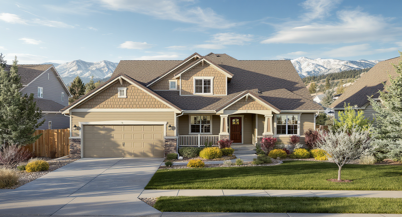 Architectural shingle roof on a home near Fountain Creek Regional Park in Fountain, Colorado, with foothills visible in the distance