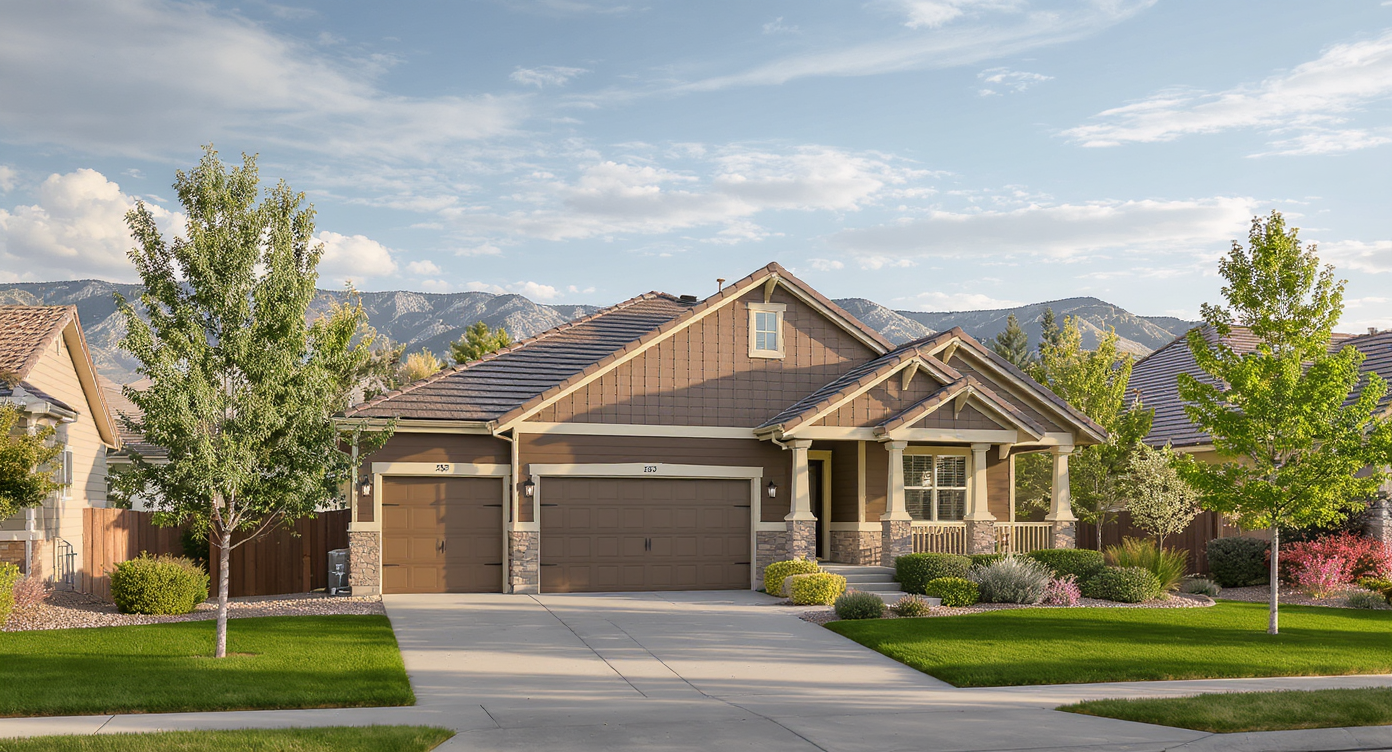 Architectural shingle roof on a split-level home in the Widefield area of Security-Widefield, Colorado, with Front Range foothills behind