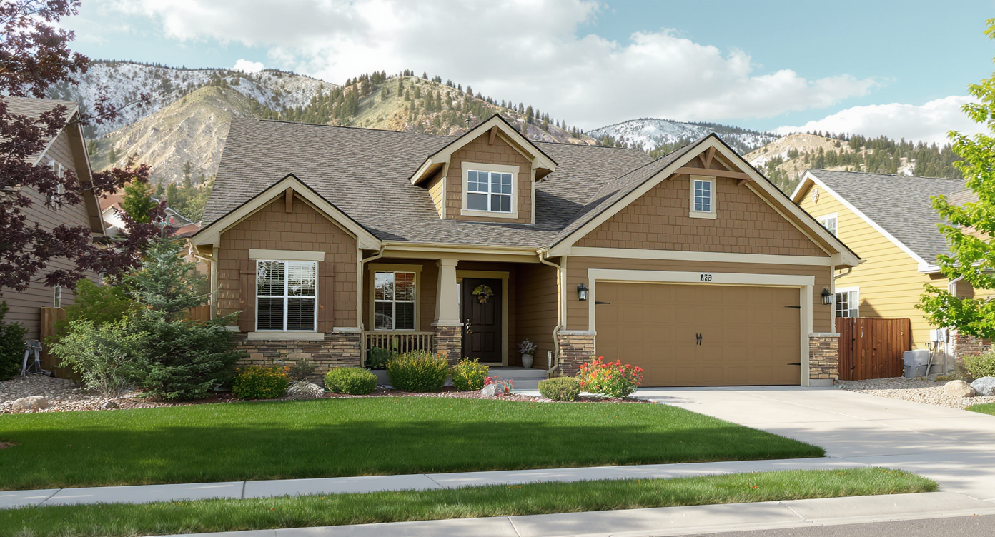 Architectural shingle roof on a well-maintained home near Old Town Fountain, Colorado, with Front Range foothills in the background
