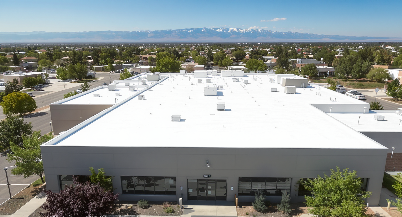 Bright white TPO single-ply membrane roof with heat-welded seams and parapet walls on a low-slope commercial building