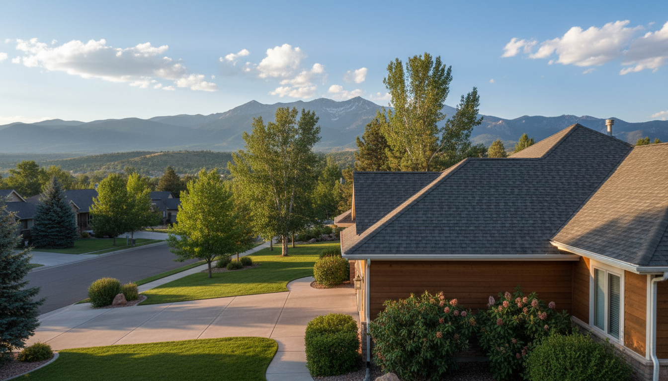Asphalt shingle roof on a Monument, Colorado home with Front Range foothills in the background